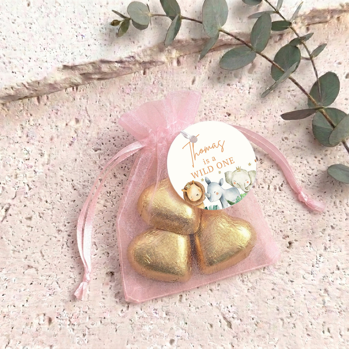 Cute Watercolor Baby Animals Wild One Personalised Organza Bags with Chocolate Hearts