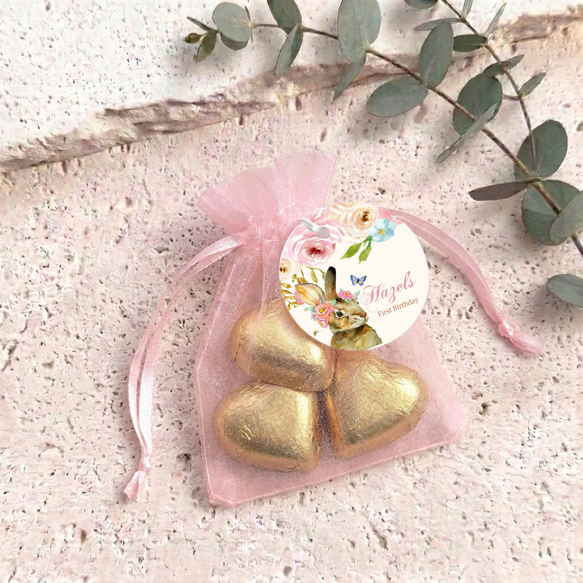 Floral Bunny First Birthday Personalised Organza Bags with Chocolate Hearts