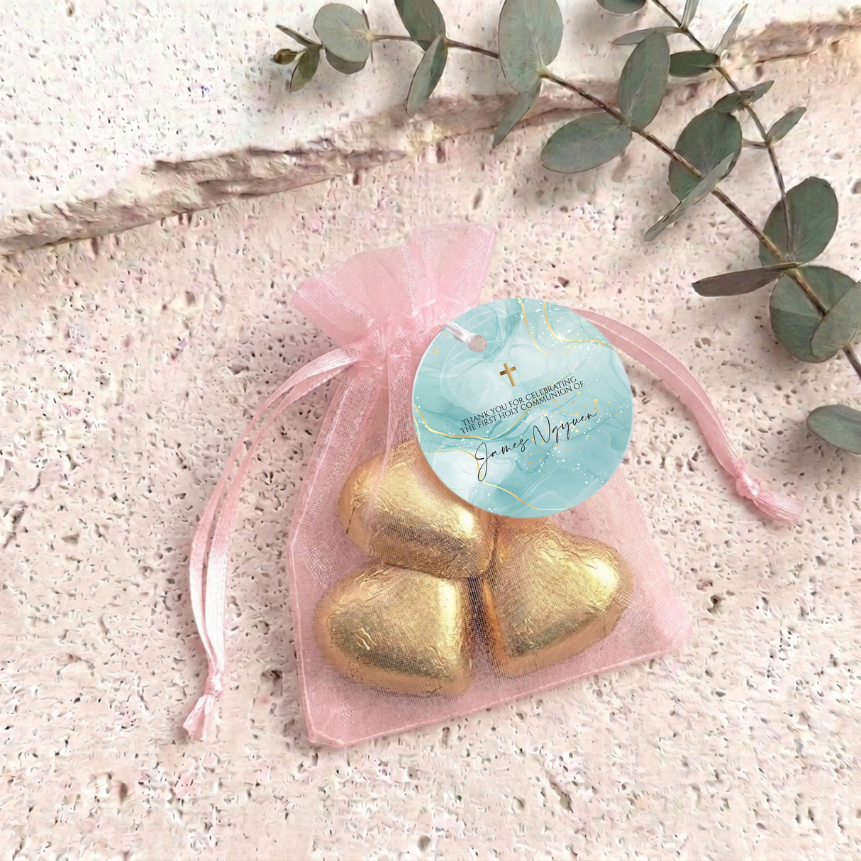 Green Gold Cross First Holy Communion Personalised Organza Bags with Chocolate Hearts