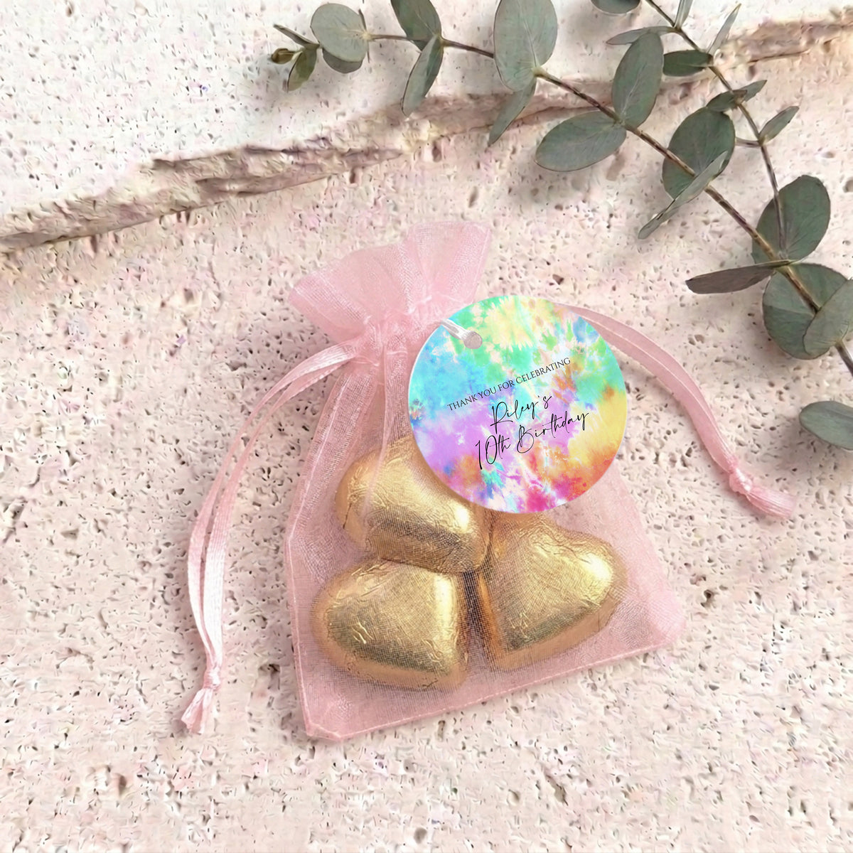 Kids Tie Dye Birthday Personalised Organza Bags with Chocolate Hearts