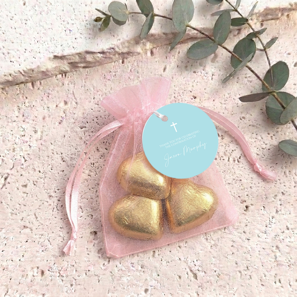 Pastel Blue White Cross Confirmation Personalised Organza Bags with Chocolate Hearts