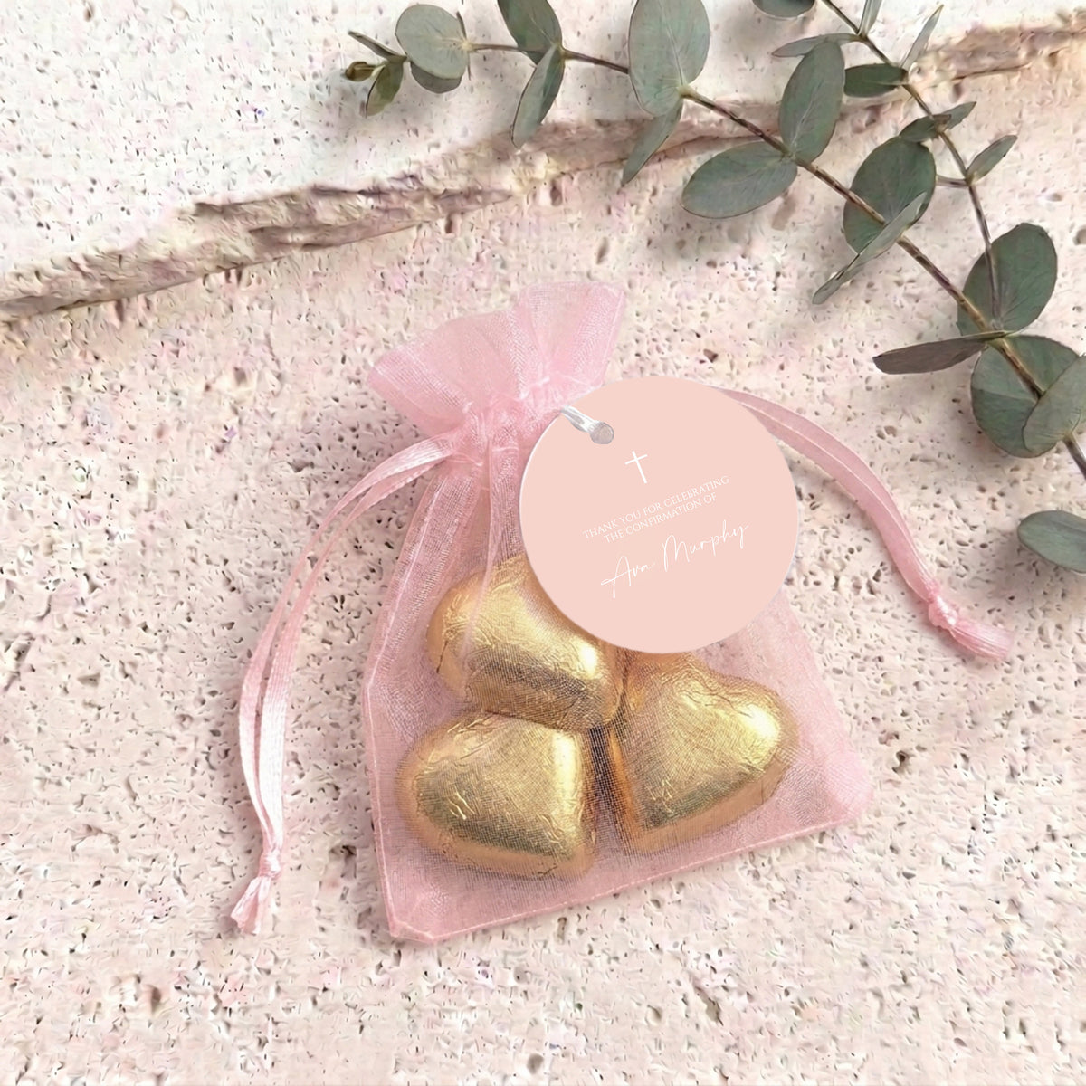 Pastel Peach White Cross Confirmation Personalised Organza Bags with Chocolate Hearts