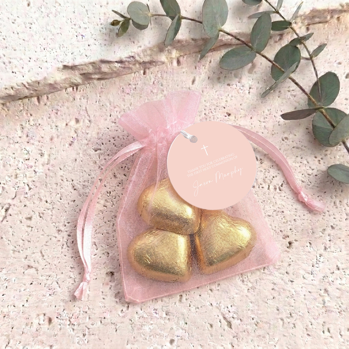 Pastel Peach White Cross First Holy Communion Personalised Organza Bags with Chocolate Hearts