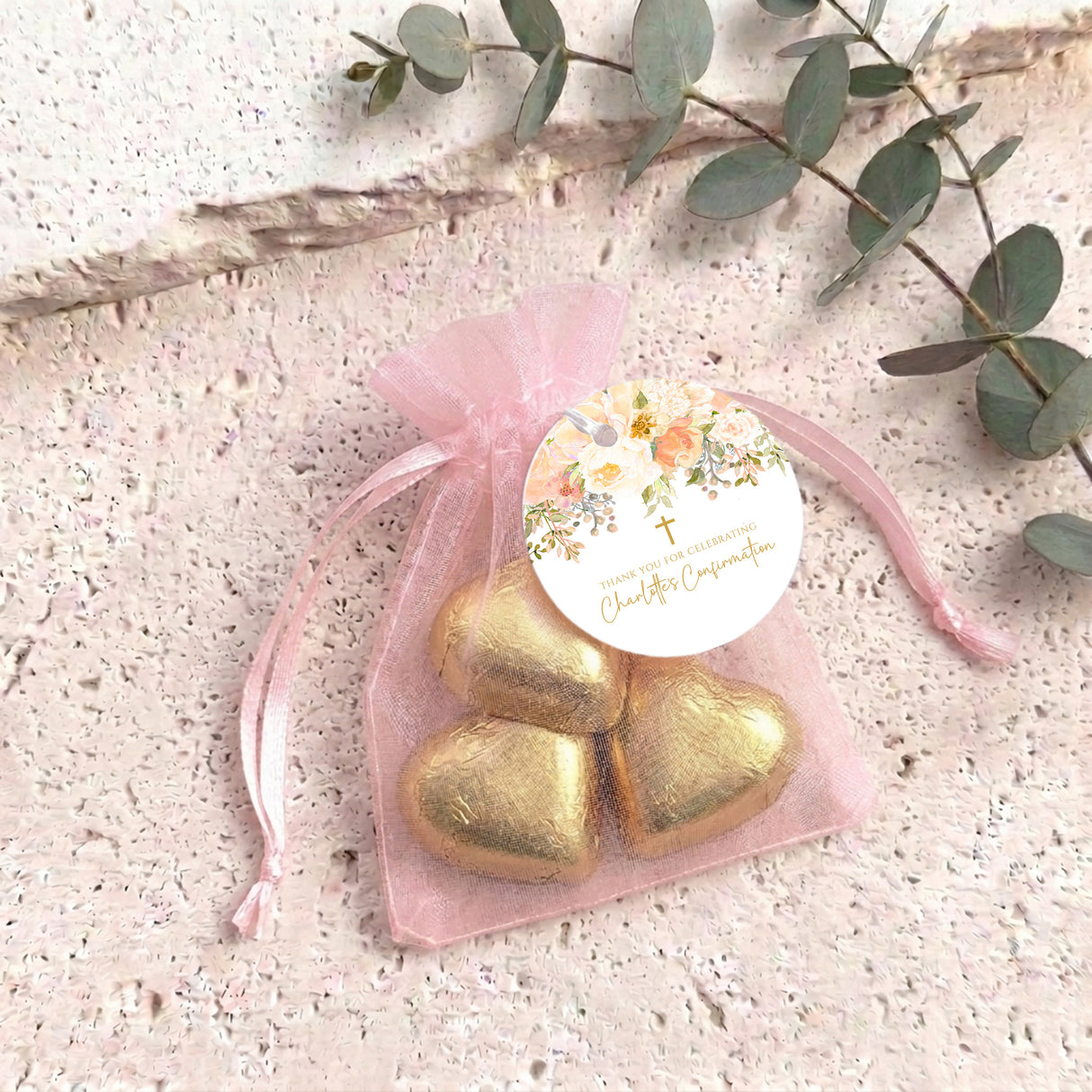 Peach Cream Roses Waterfall Confirmation Personalised Organza Bags with Chocolate Hearts