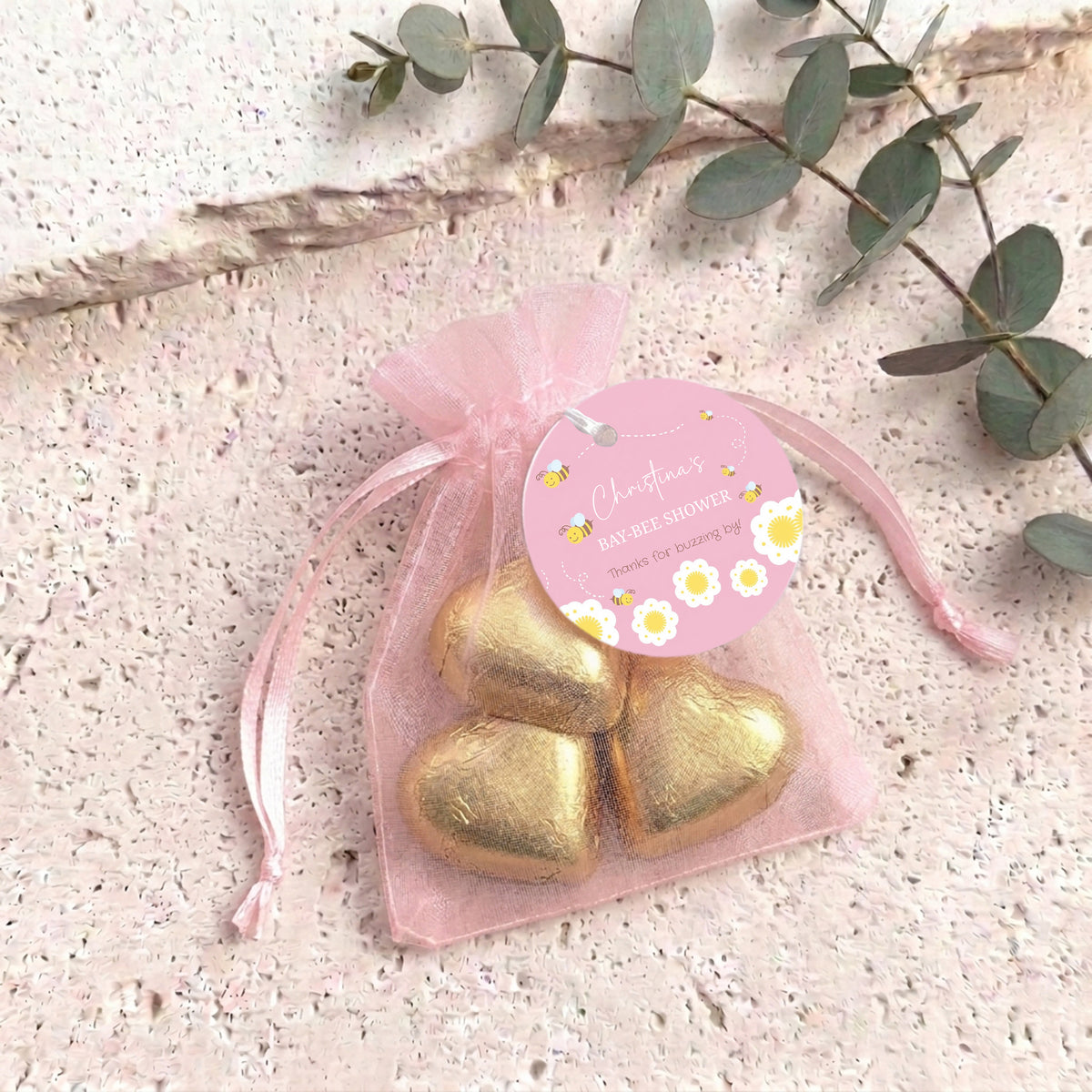 Pink Bumble Bee Baby Shower Personalised Organza Bags with Chocolate Hearts