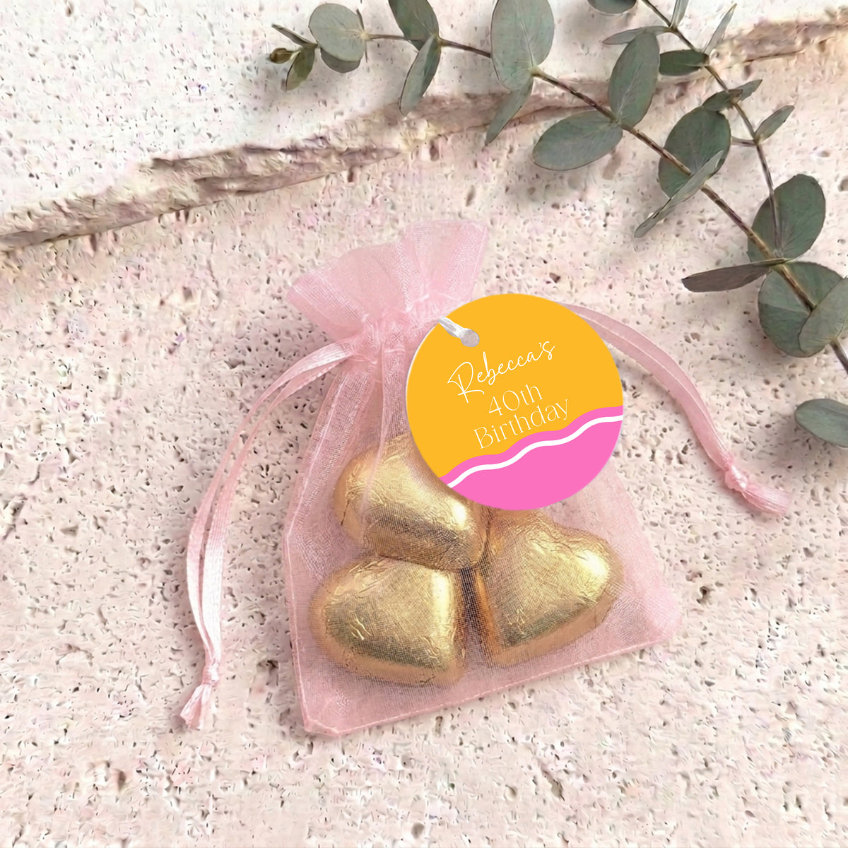 Pink Orange Wavy Birthday Personalised Organza Bags with Chocolate Hearts