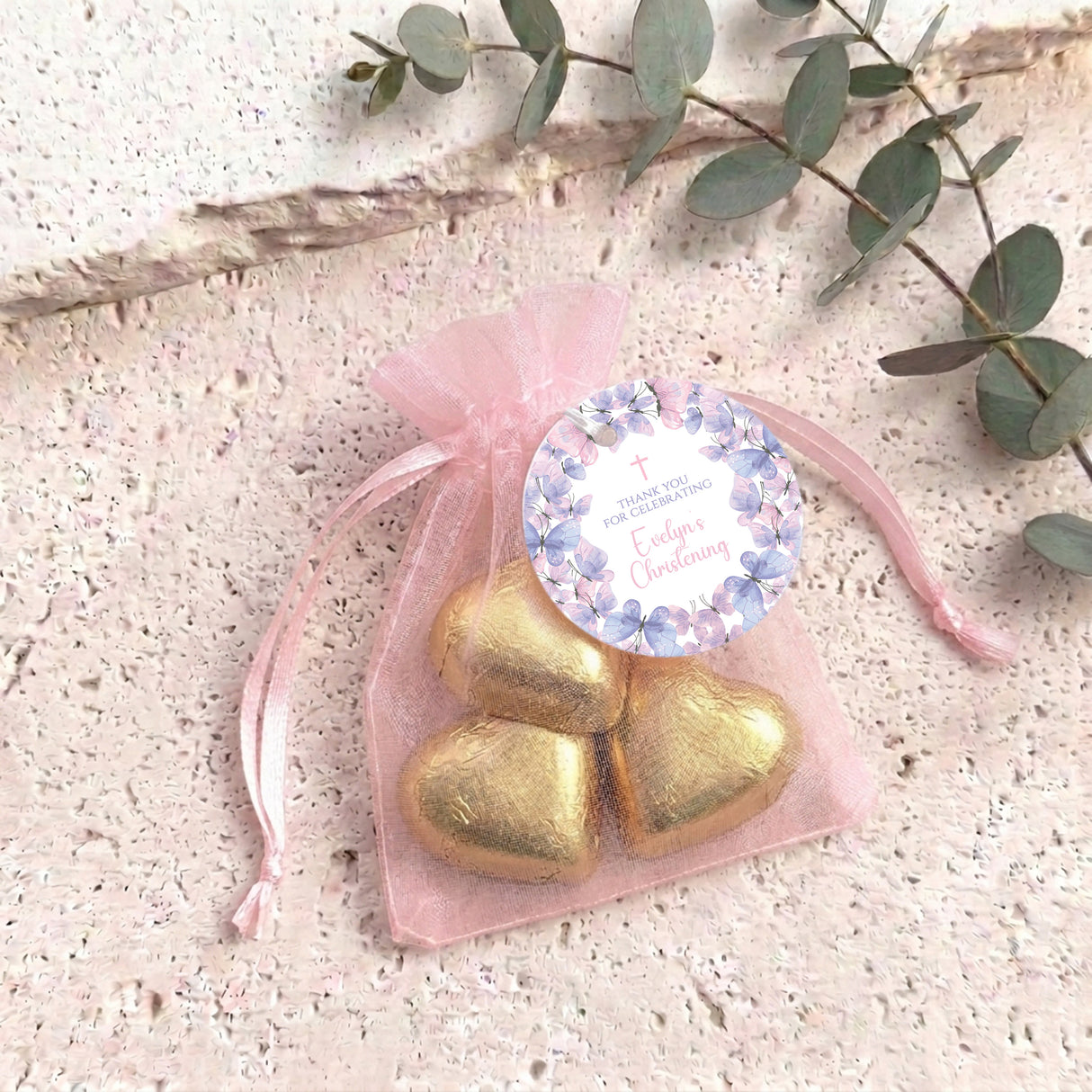 Pink Purple Butterflies Baptism Personalised Organza Bags with Chocolate Hearts