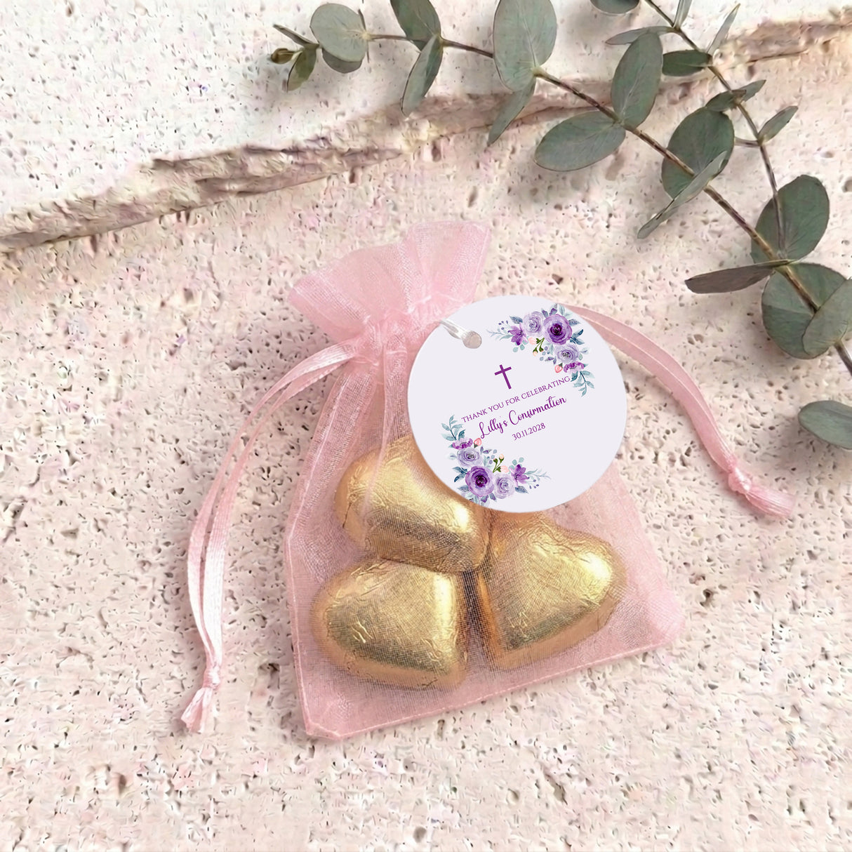 Pink Purple Roses Confirmation Personalised Organza Bags with Chocolate Hearts