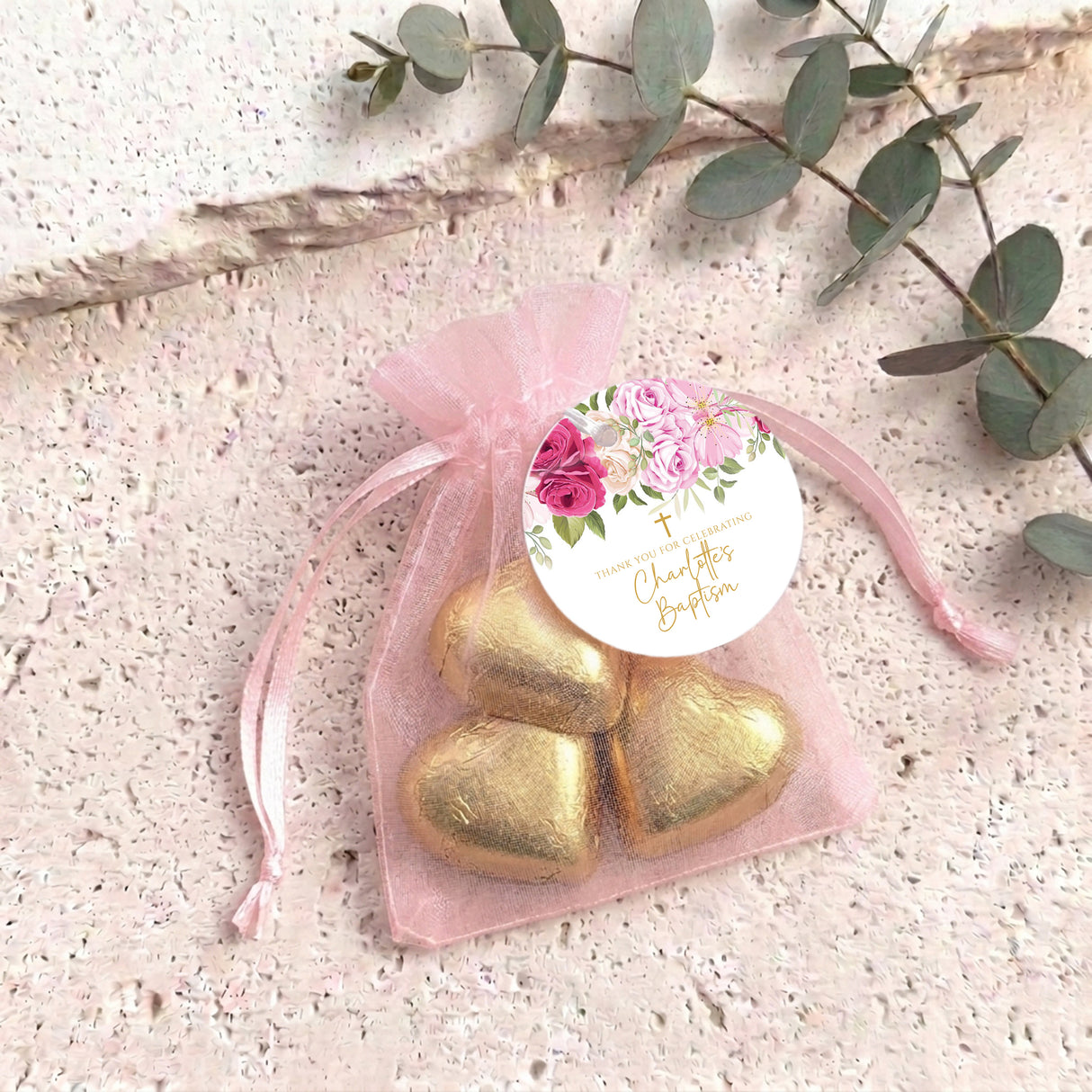 Pink Rose Waterfall Christening Personalised Organza Bags with Chocolate Hearts