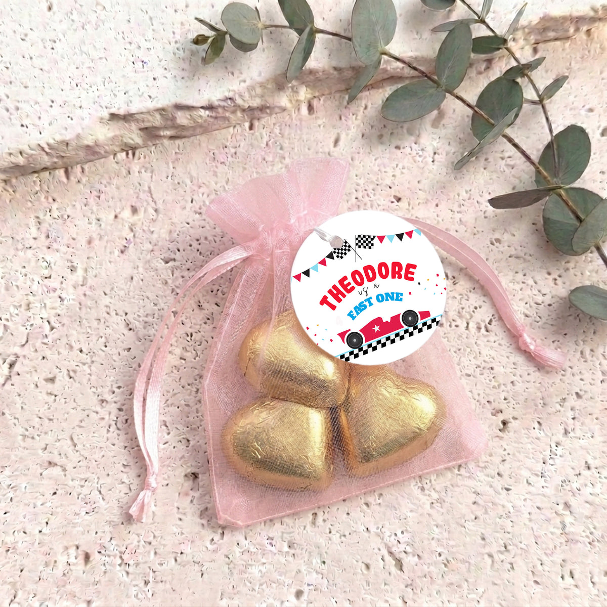 Race Car Fast One Personalised Organza Bags with Chocolate Hearts