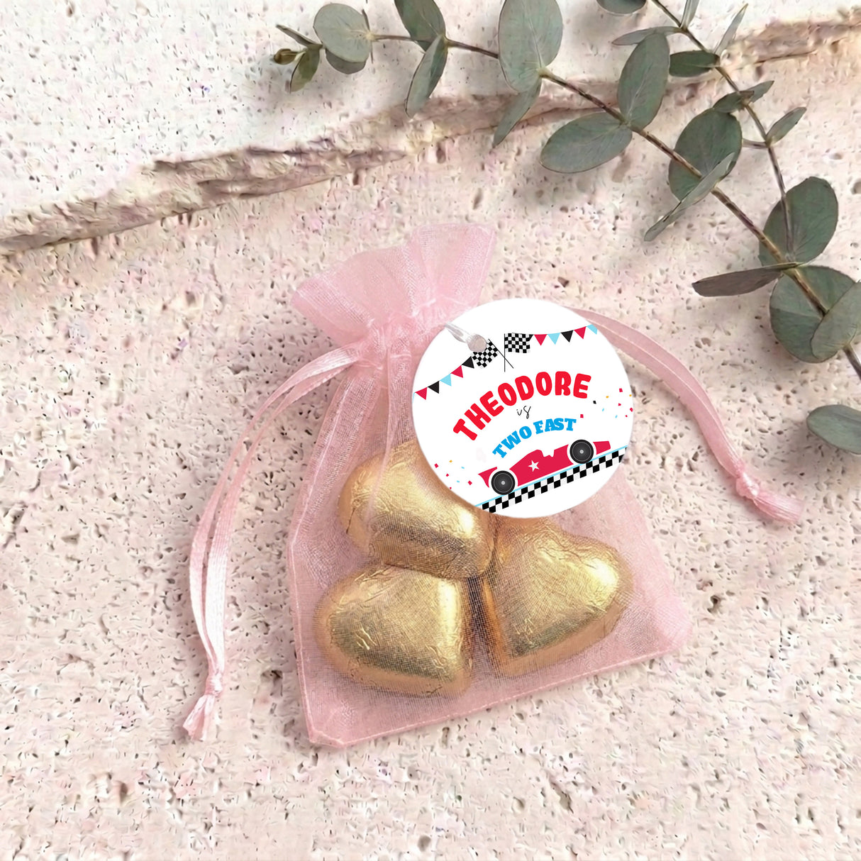 Race Car Two Fast Personalised Organza Bags with Chocolate Hearts