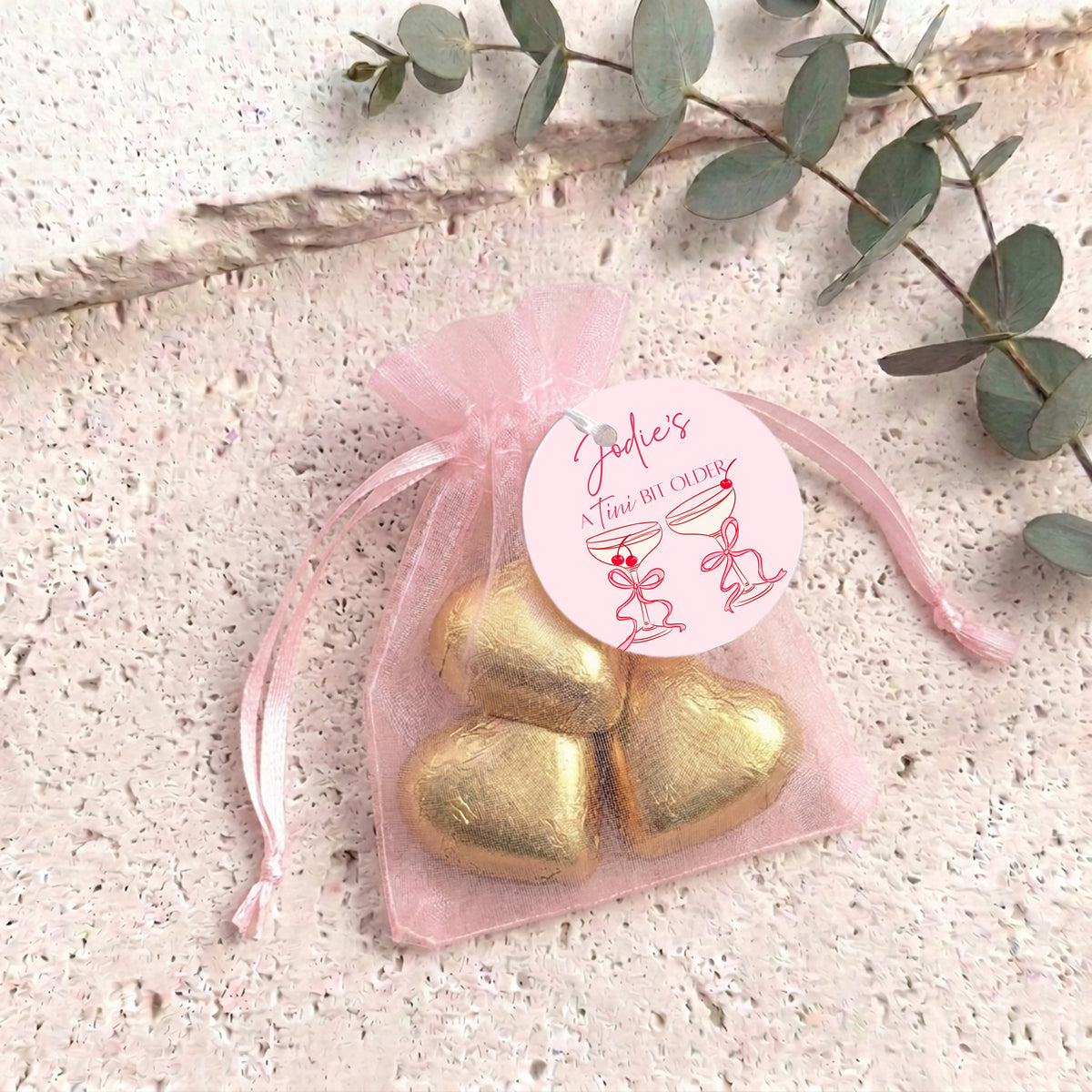 Tini Bit Older Martini Personalised Organza Bags with Chocolate Hearts