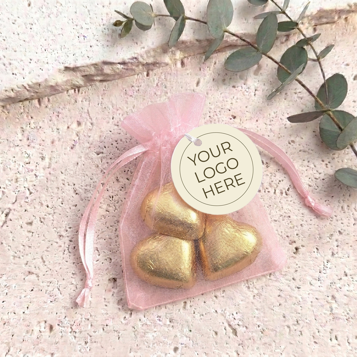 Corporate Personalised Organza Bags with Chocolate Hearts