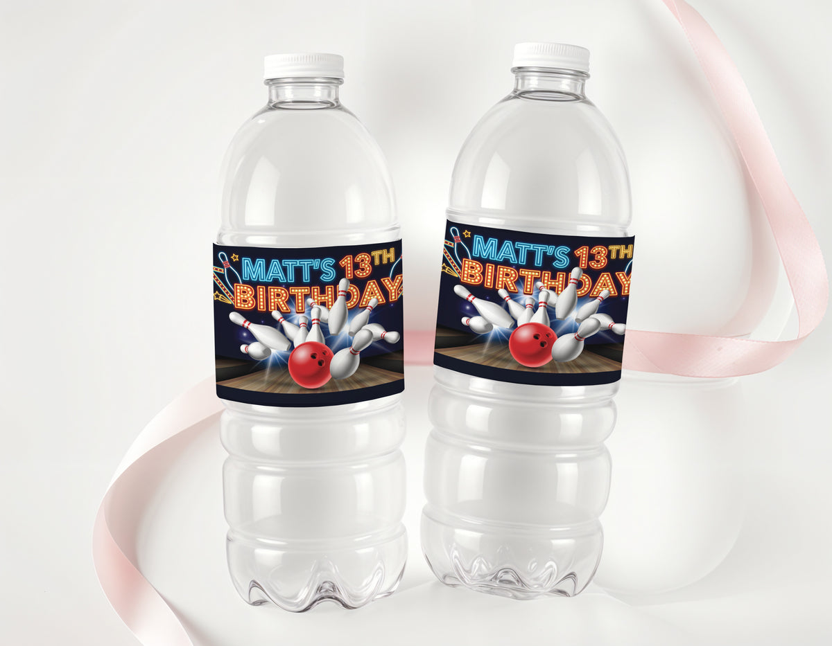 Bowling Party Birthday Personalised Water Bottle Labels