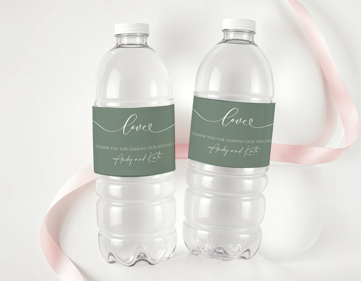 Sage Wedding Love Personalised Water Bottle Labels