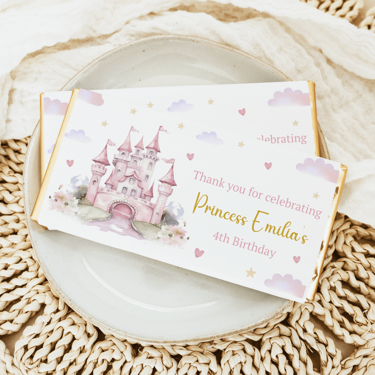 Princess birthday chocolate bar wrapper with pink castle, hearts, and “Princess” name text