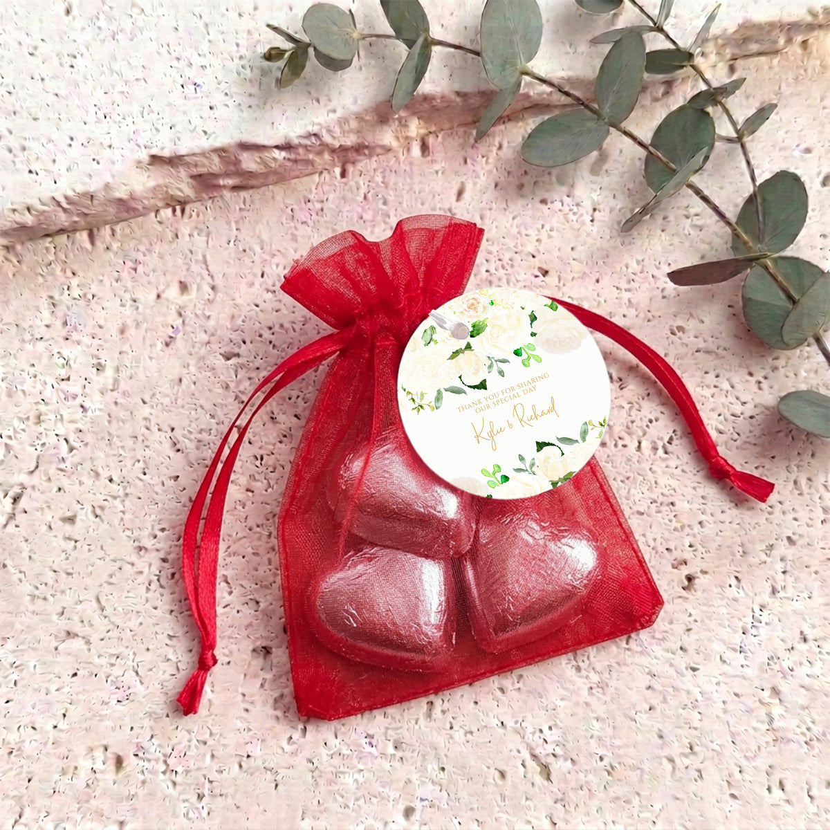 Cream Rose Waterfall Wedding Personalised Organza Bags with Chocolate Hearts