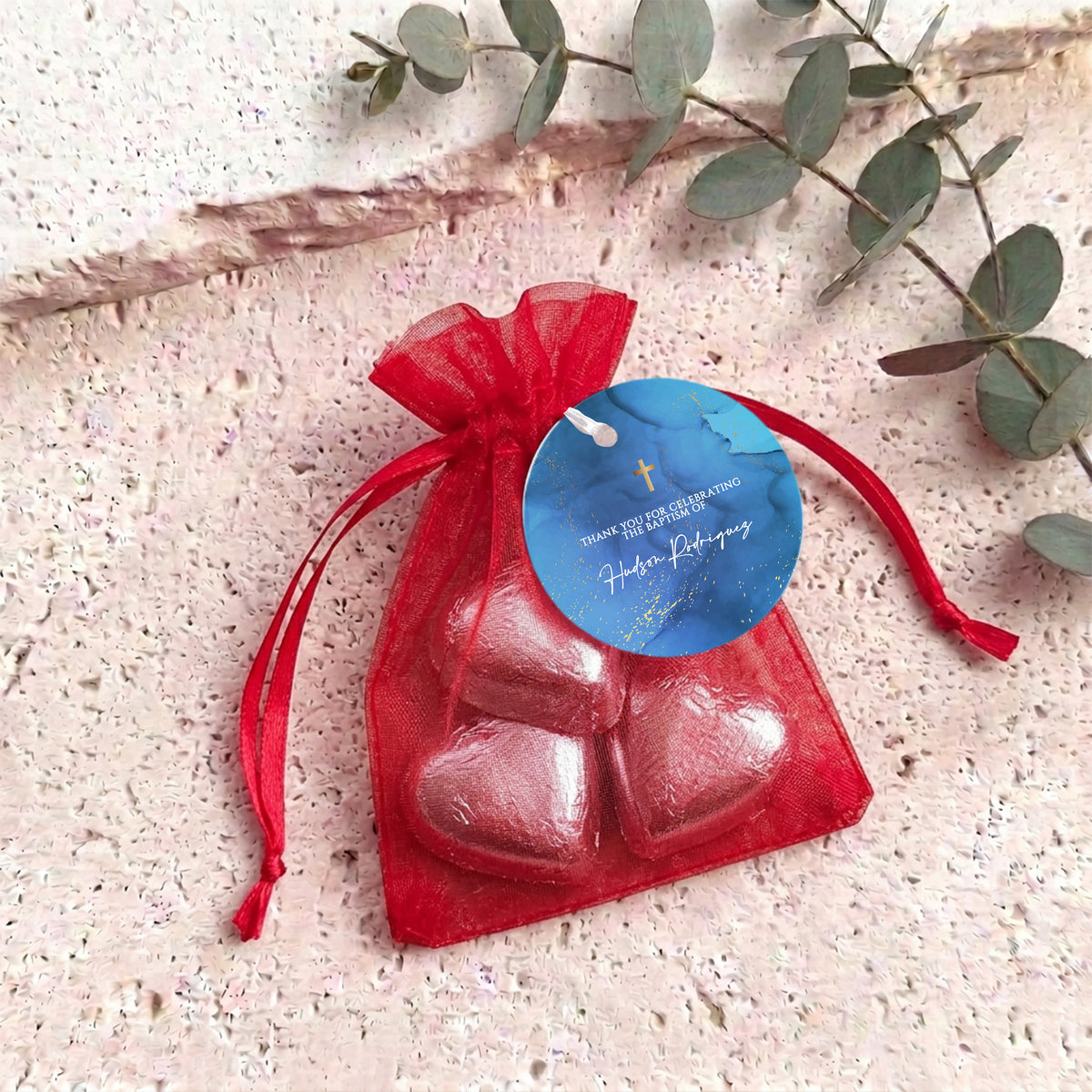 Deep Blue Gold Cross Christening Personalised Organza Bags with Chocolate Hearts