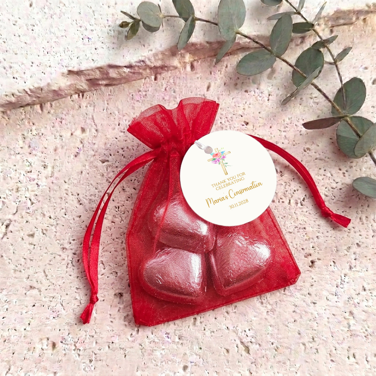 Floral Holy Cross Confirmation Personalised Organza Bags with Chocolate Hearts