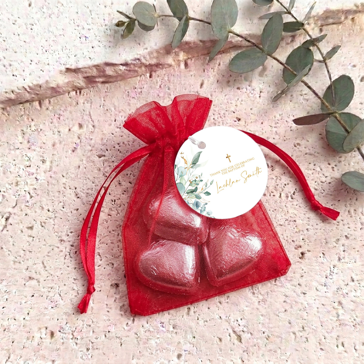 Green Leaves Gold Cross Baptism Personalised Organza Bags with Chocolate Hearts