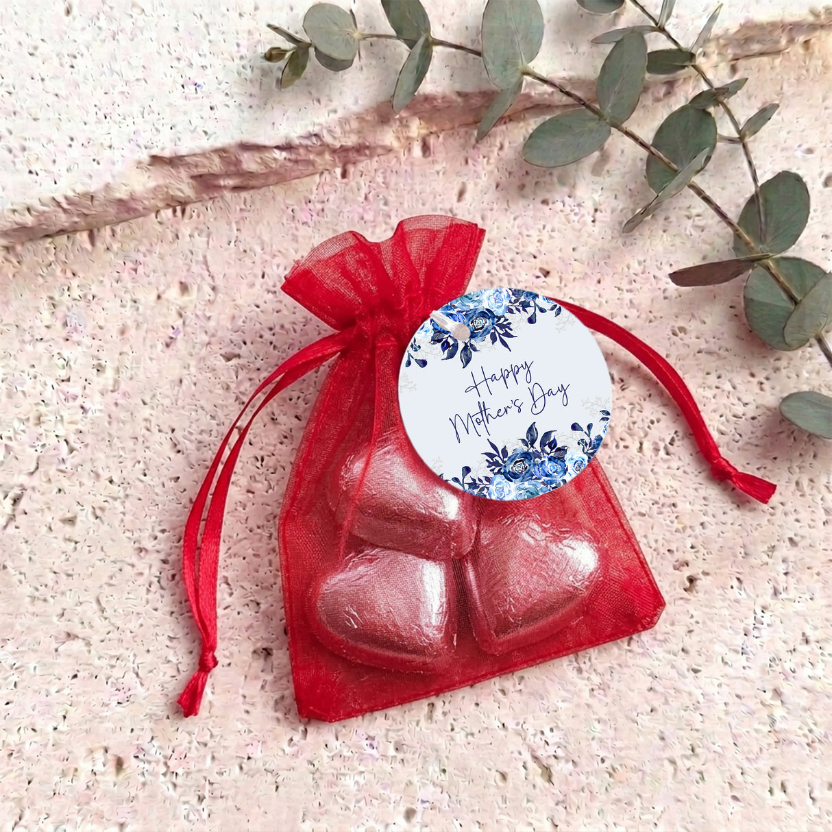 Navy Blue Waterfall Mothers Day Personalised Organza Bags with Chocolate Hearts