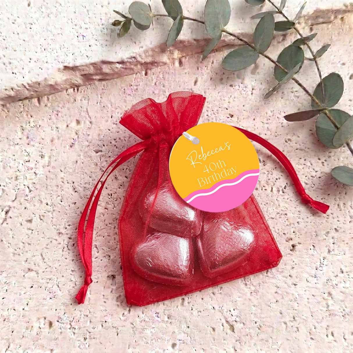Pink Orange Wavy Birthday Personalised Organza Bags with Chocolate Hearts