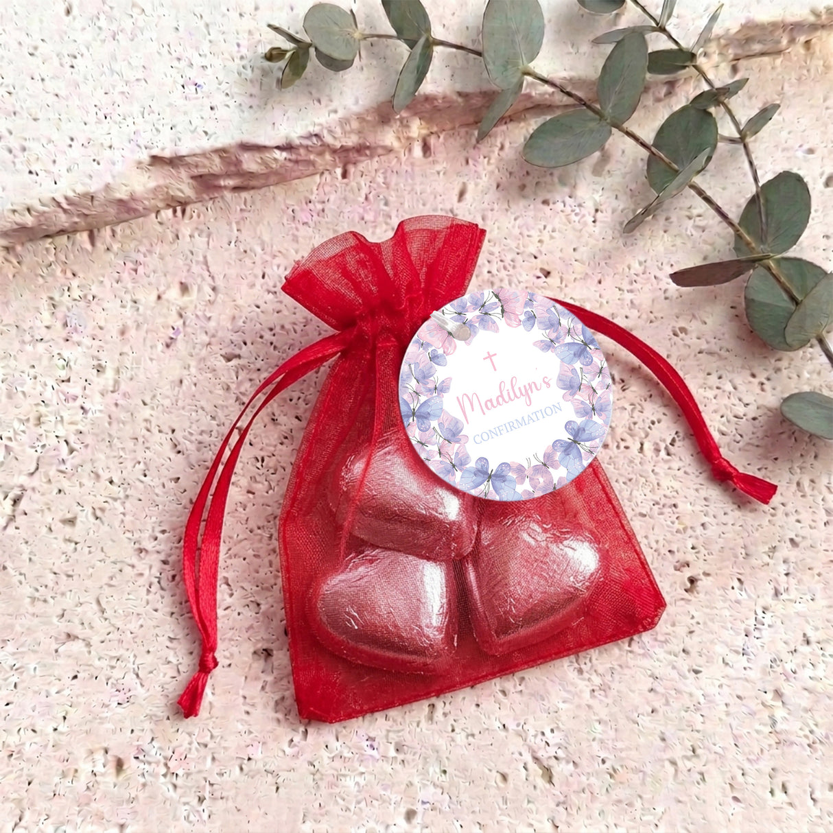 Pink Purple Butterflies Confirmation Personalised Organza Bags with Chocolate Hearts