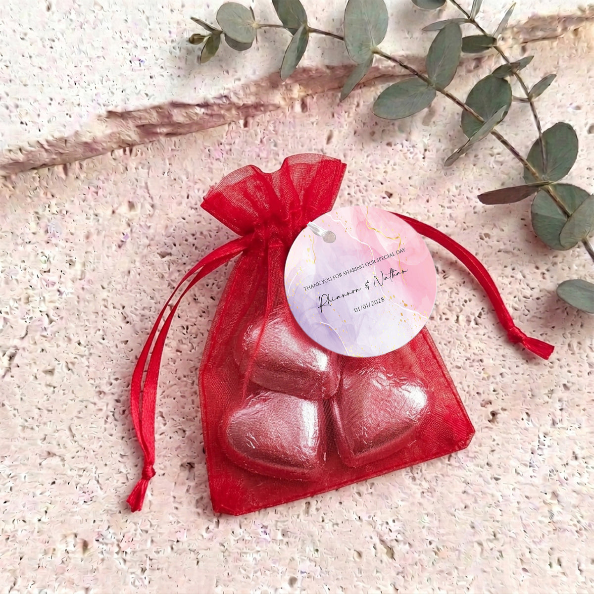 Pink Purple Marble Weddings Personalised Organza Bags with Chocolate Hearts