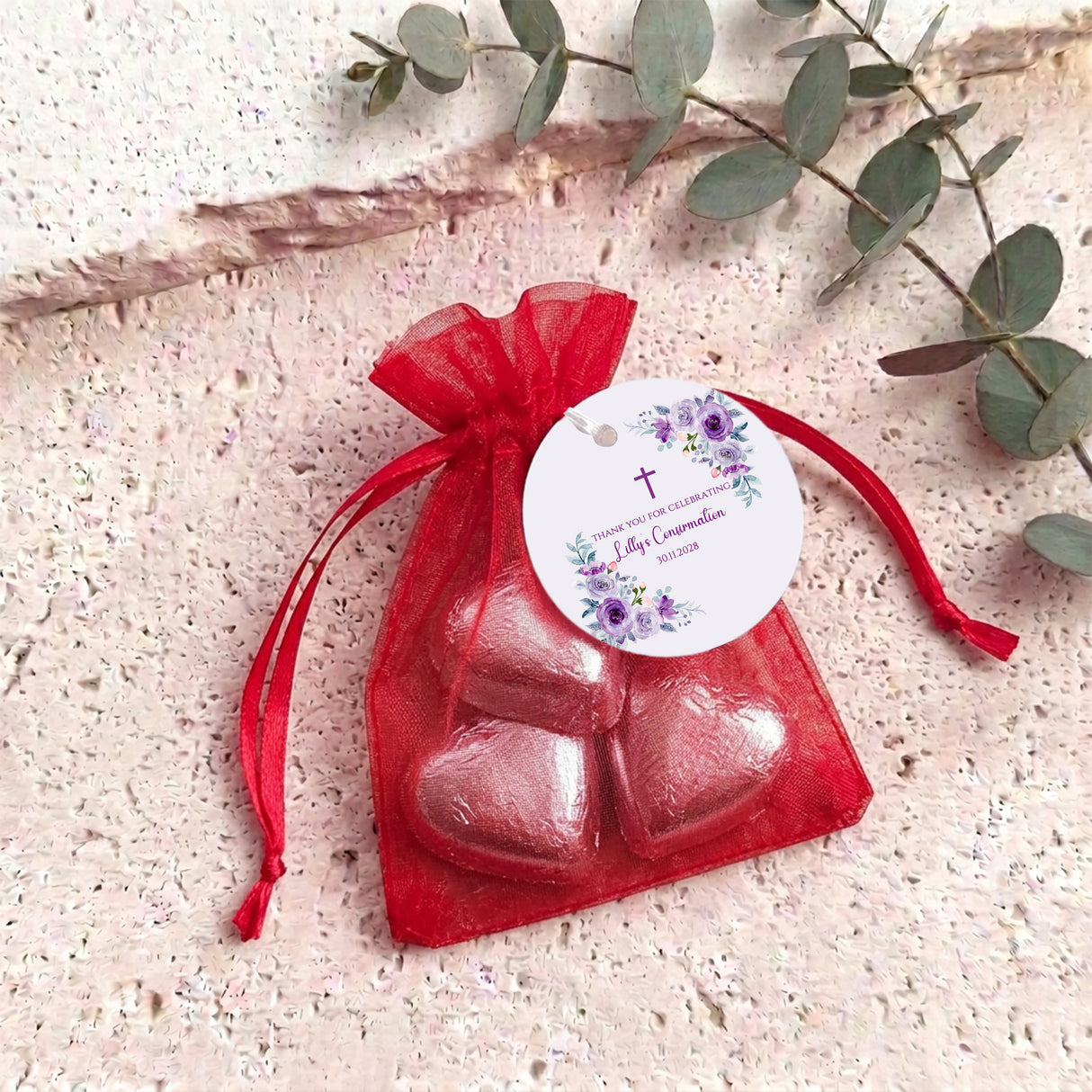 Pink Purple Roses Confirmation Personalised Organza Bags with Chocolate Hearts