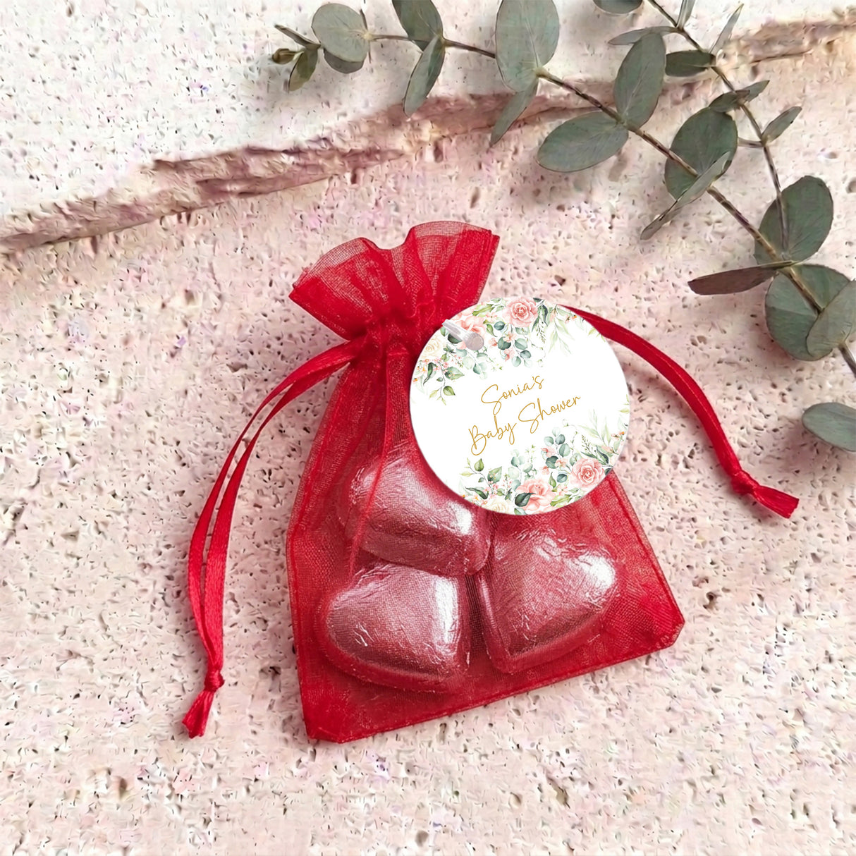 Pink Rose Waterfall Baby Shower Personalised Organza Bags with Chocolate Hearts
