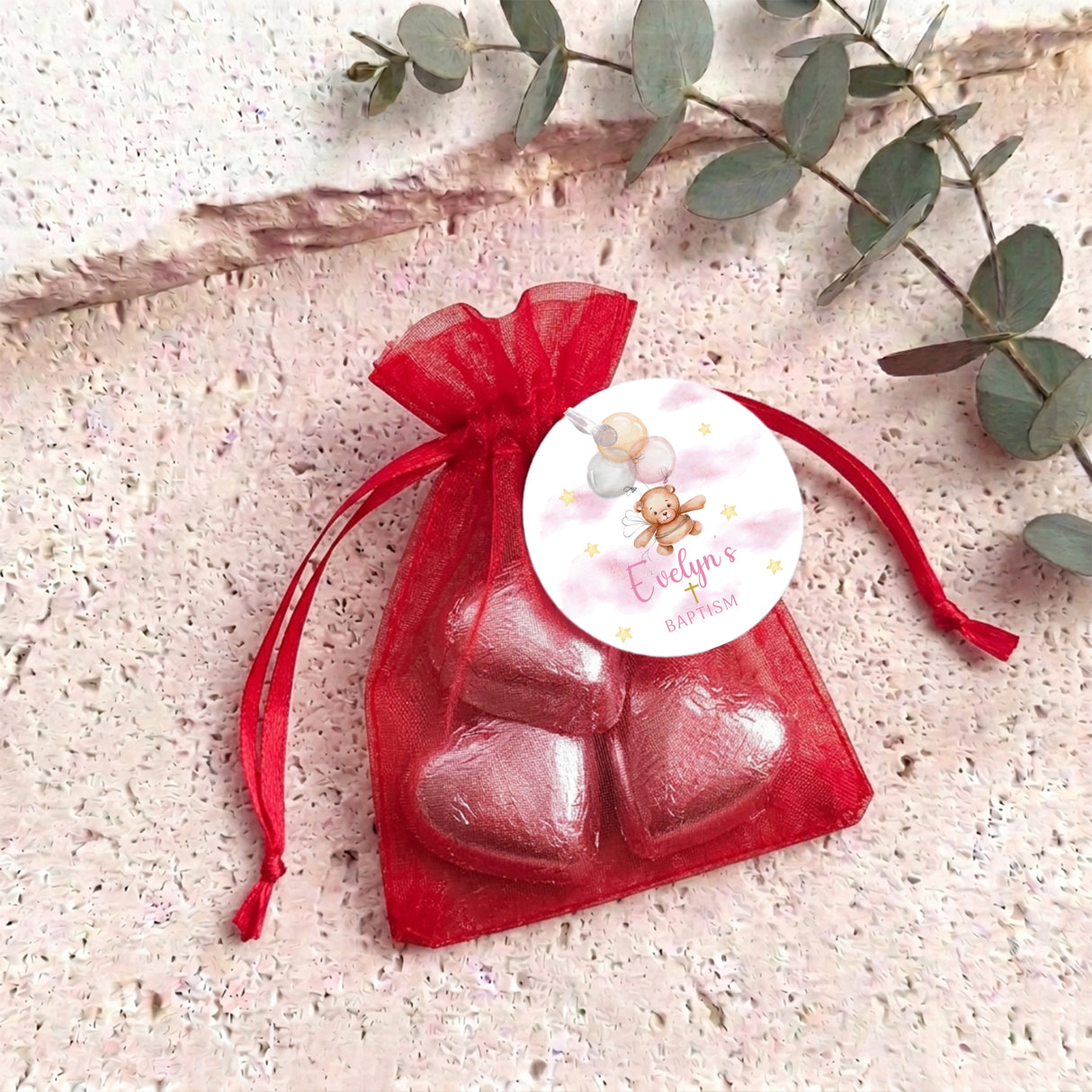 Pink Teddy Balloons Baptism Personalised Organza Bags with Chocolate Hearts
