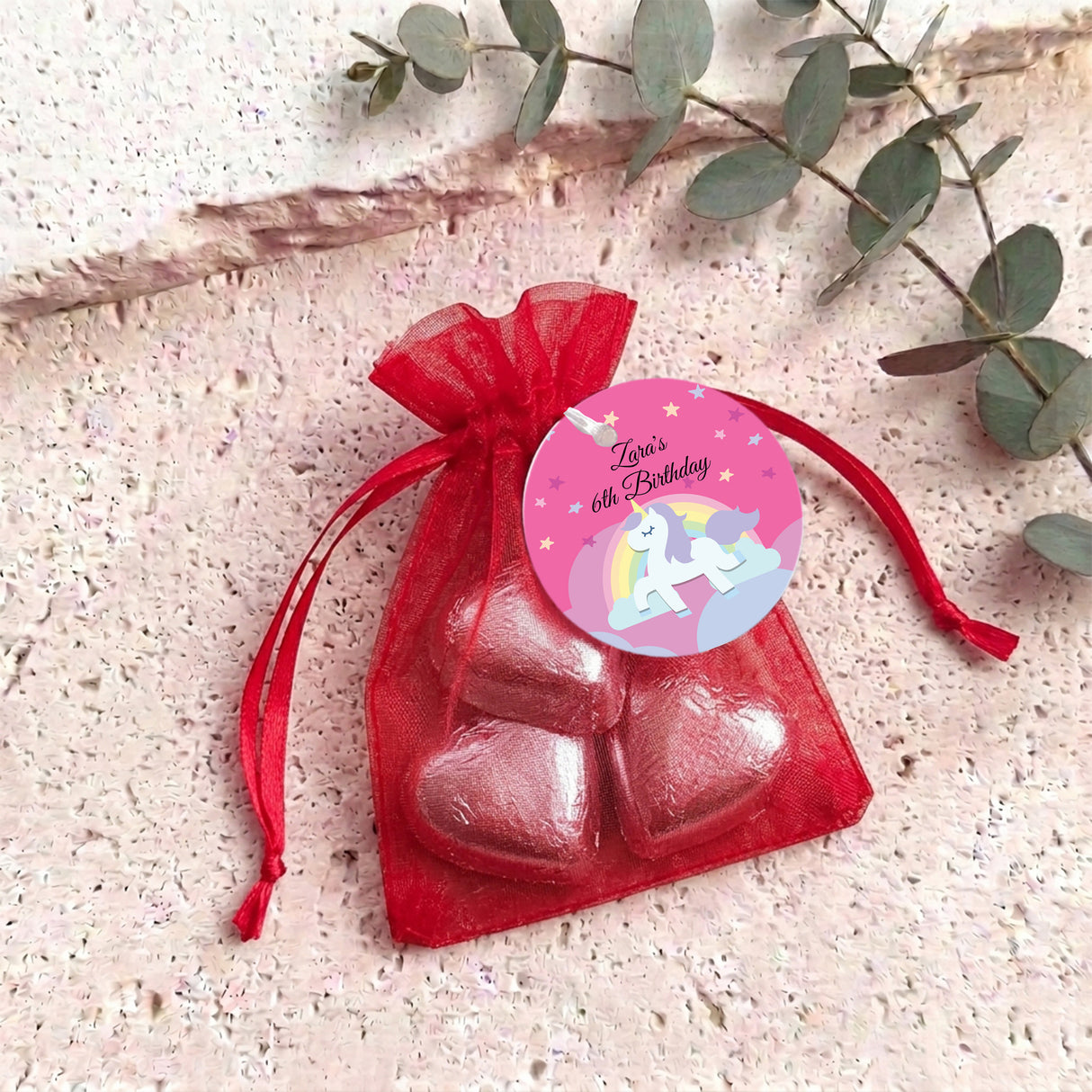 Rainbow Unicorn Girls Birthday Personalised Organza Bags with Chocolate Hearts