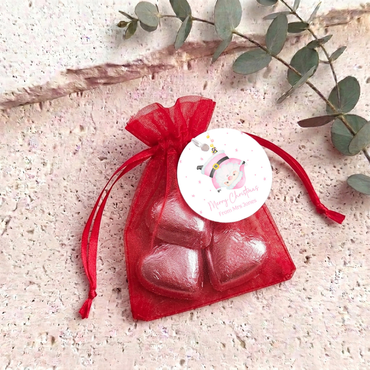 Silly Santa Personalised Organza Bags with Chocolate Hearts