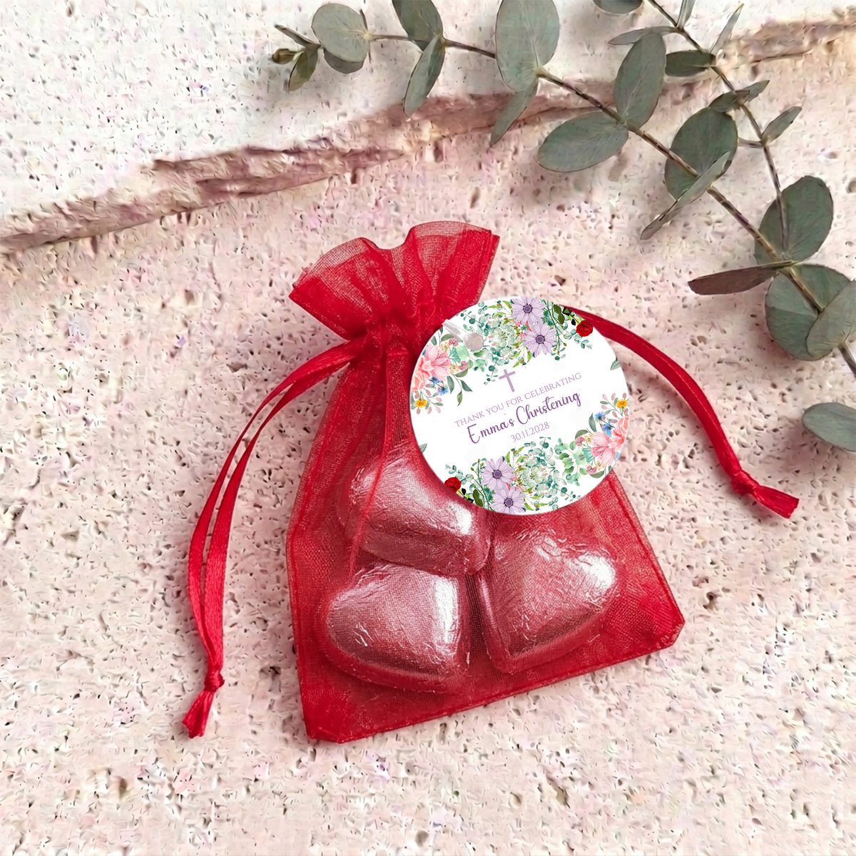 Wildflower Christening Personalised Organza Bags with Chocolate Hearts