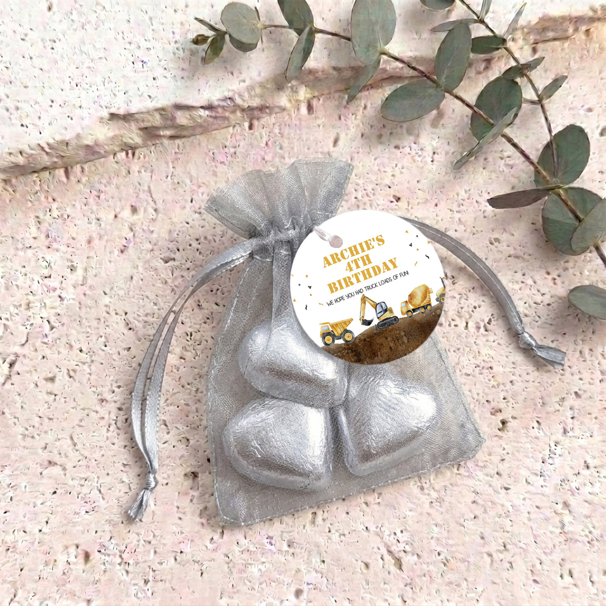 Construction Trucks Personalised Organza Bags with Chocolate Hearts