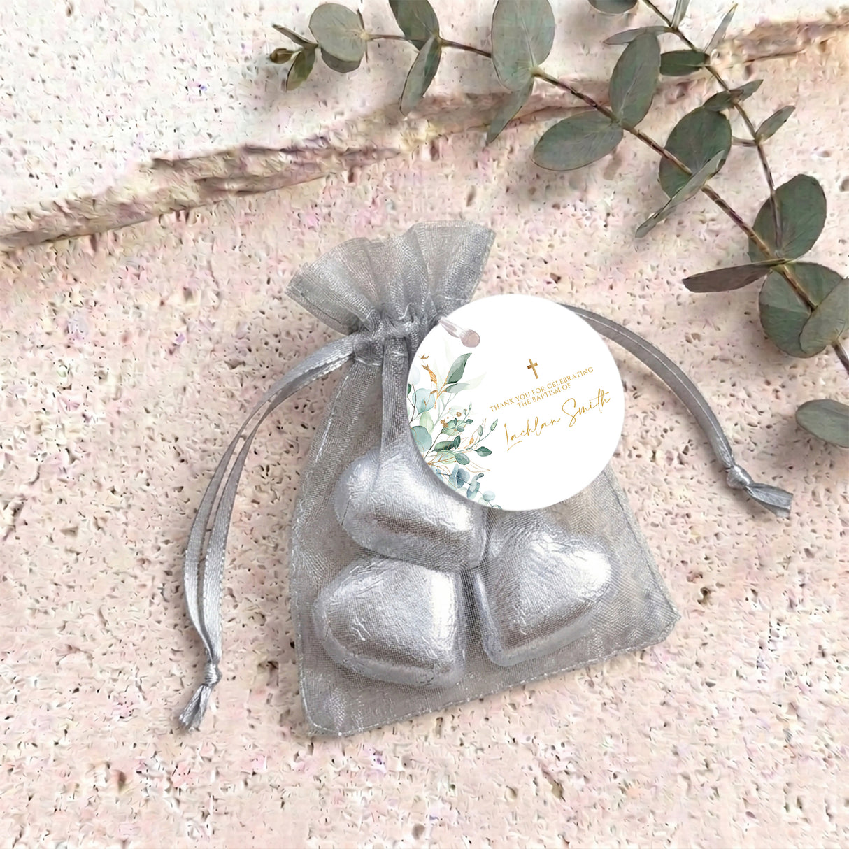 Green Leaves Gold Cross Baptism Personalised Organza Bags with Chocolate Hearts