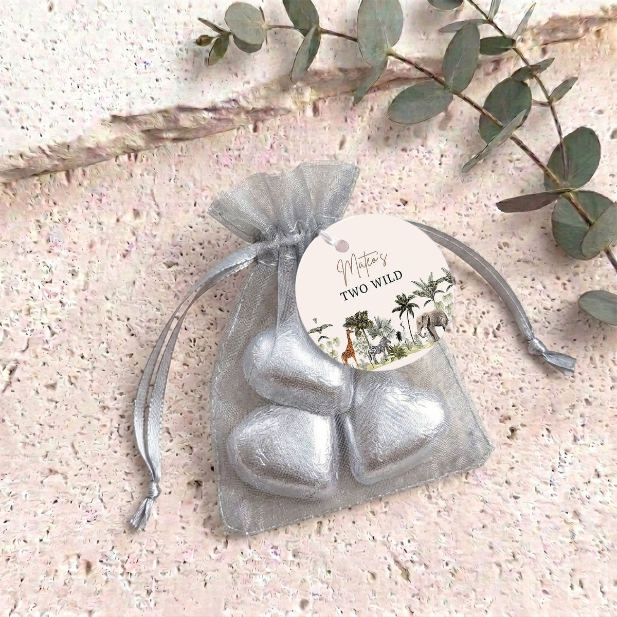 Jungle Safari Two Wild Personalised Organza Bags with Chocolate Hearts