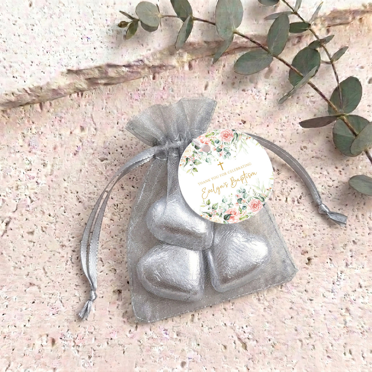 Pink Cream Florals Christening Personalised Organza Bags with Chocolate Hearts