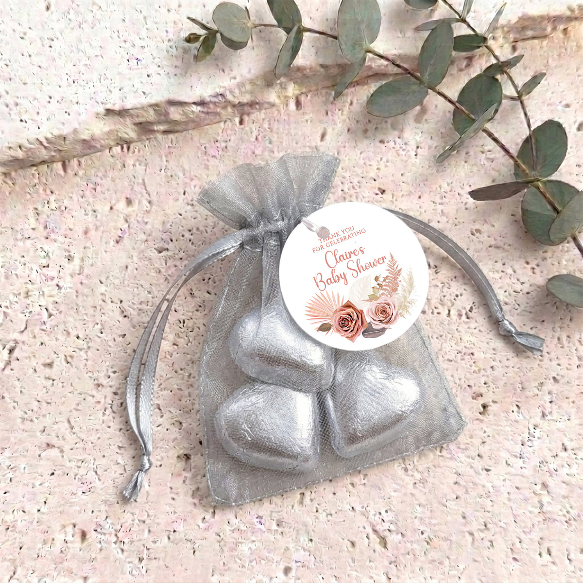 Pink Floral Boho Baby Shower Personalised Organza Bags with Chocolate Hearts