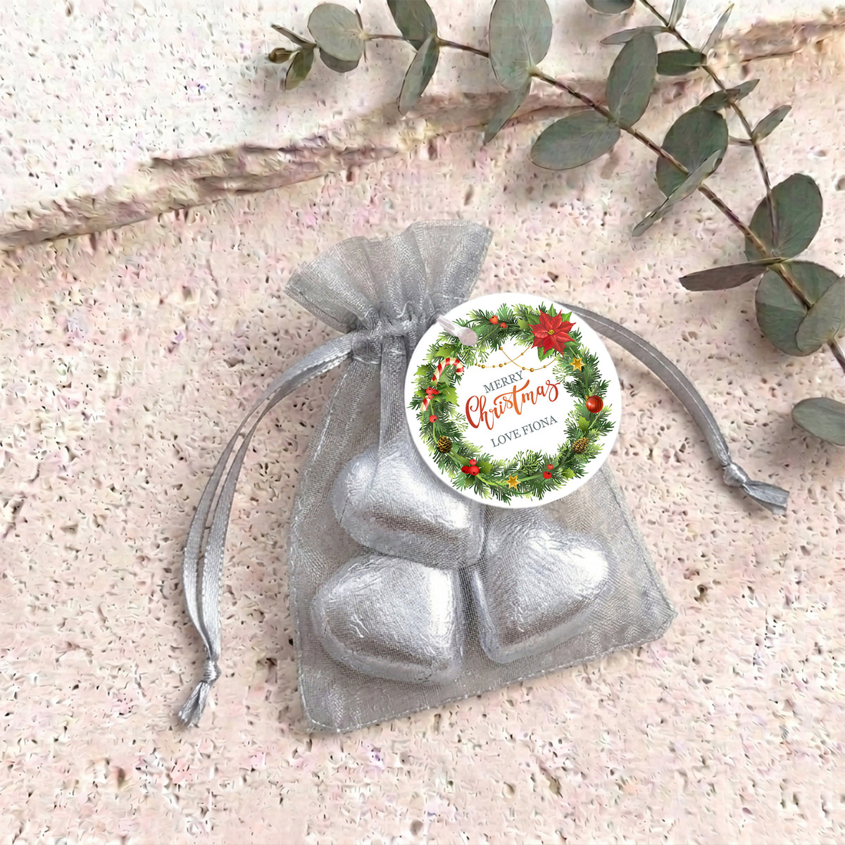 Christmas Wreath Personalised Organza Bags with Chocolate Hearts