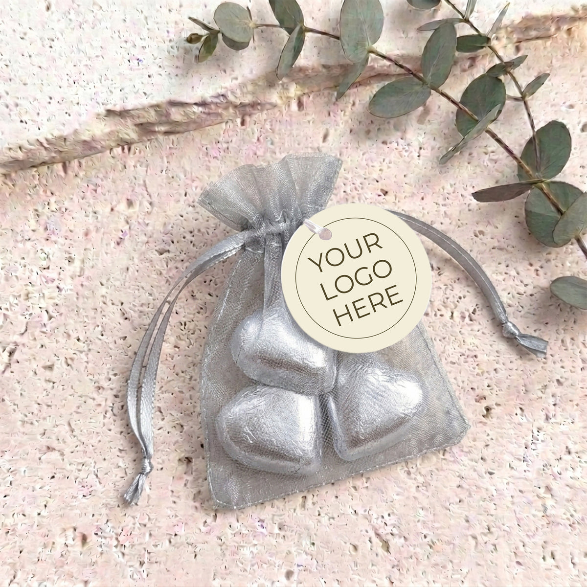 Corporate Personalised Organza Bags with Chocolate Hearts