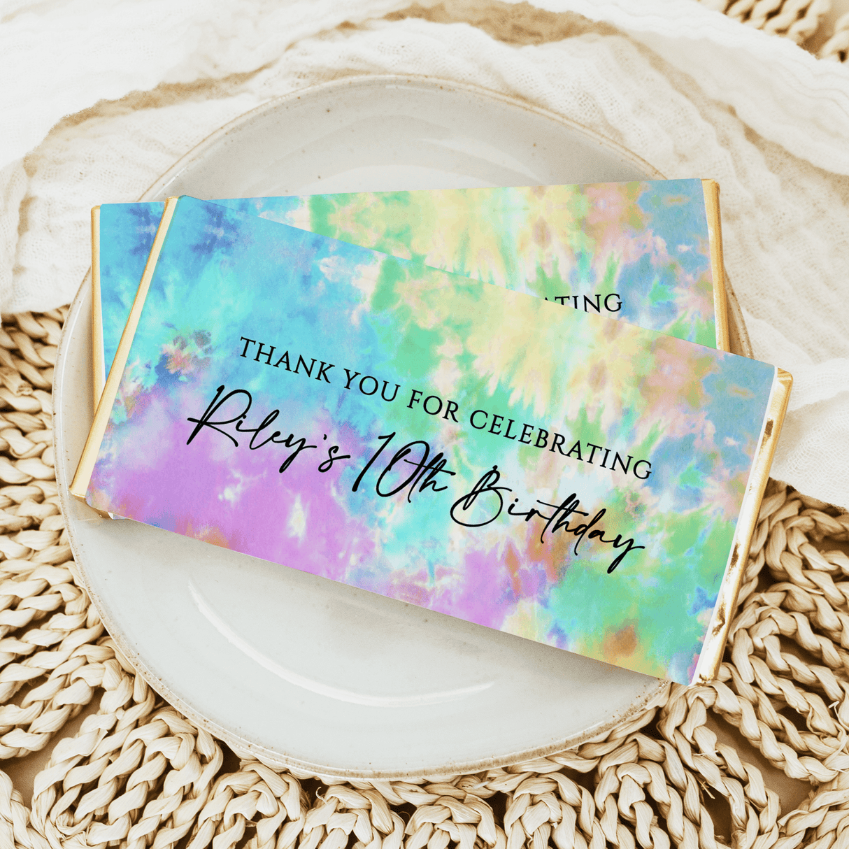 Tie-dye birthday chocolate bar wrapper with “Thank you for celebrating” text