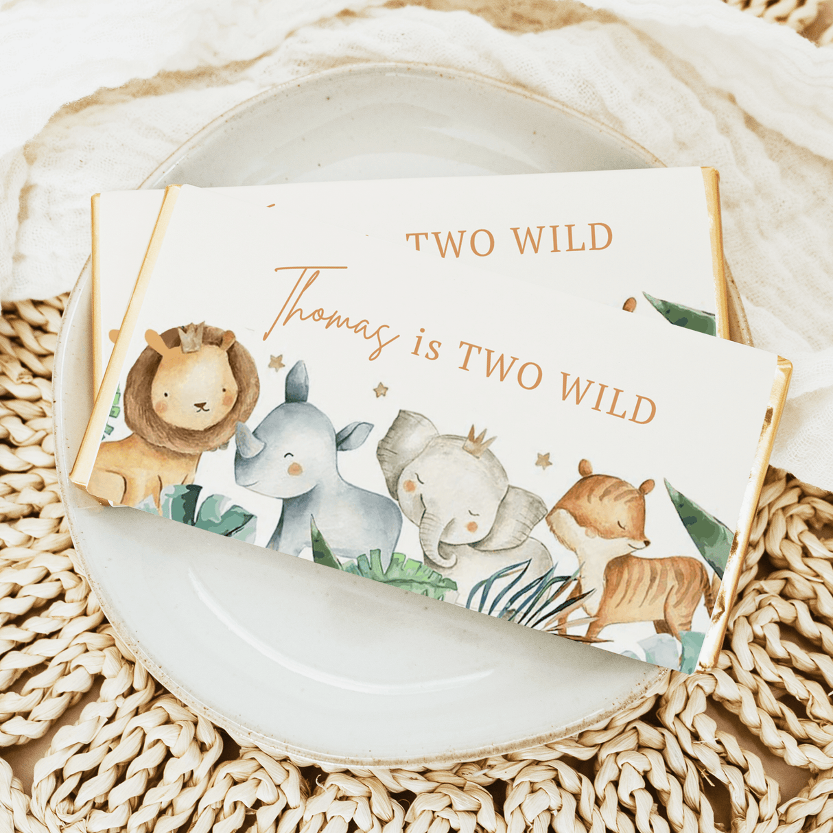 Two Wild birthday chocolate bar wrapper with watercolor wild animals and text โTWO WILDโ
