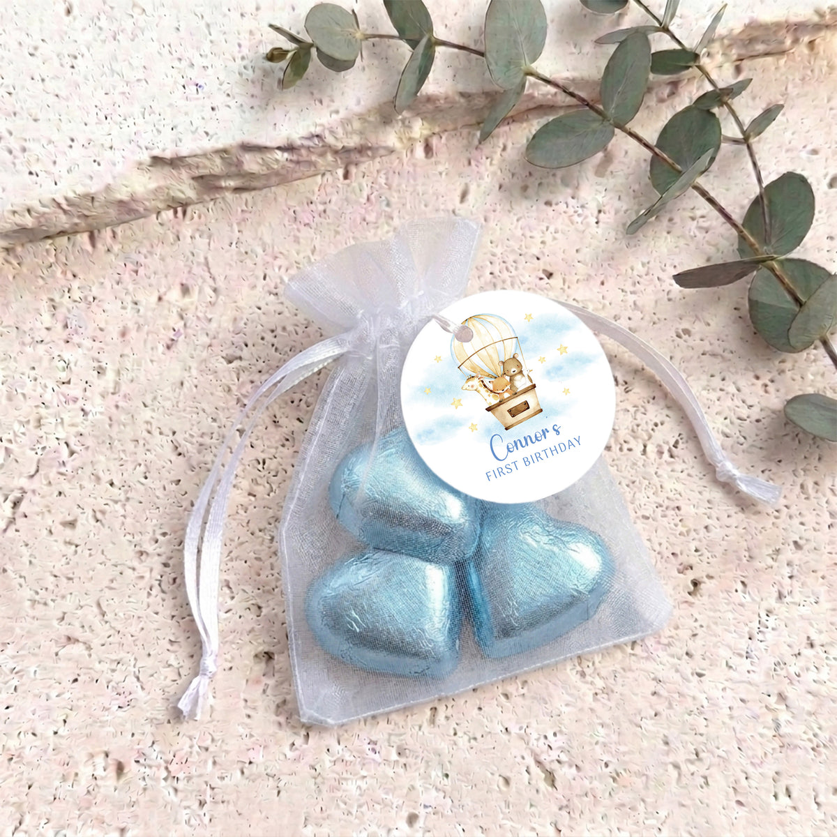 Animals In Hot Air Balloon First Birthday Personalised Organza Bags with Chocolate Hearts