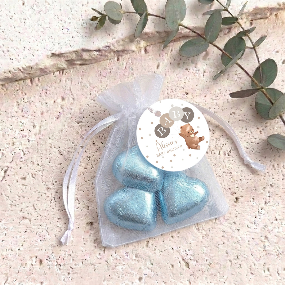 Brown Bear Balloons Baby Shower Personalised Organza Bags with Chocolate Hearts