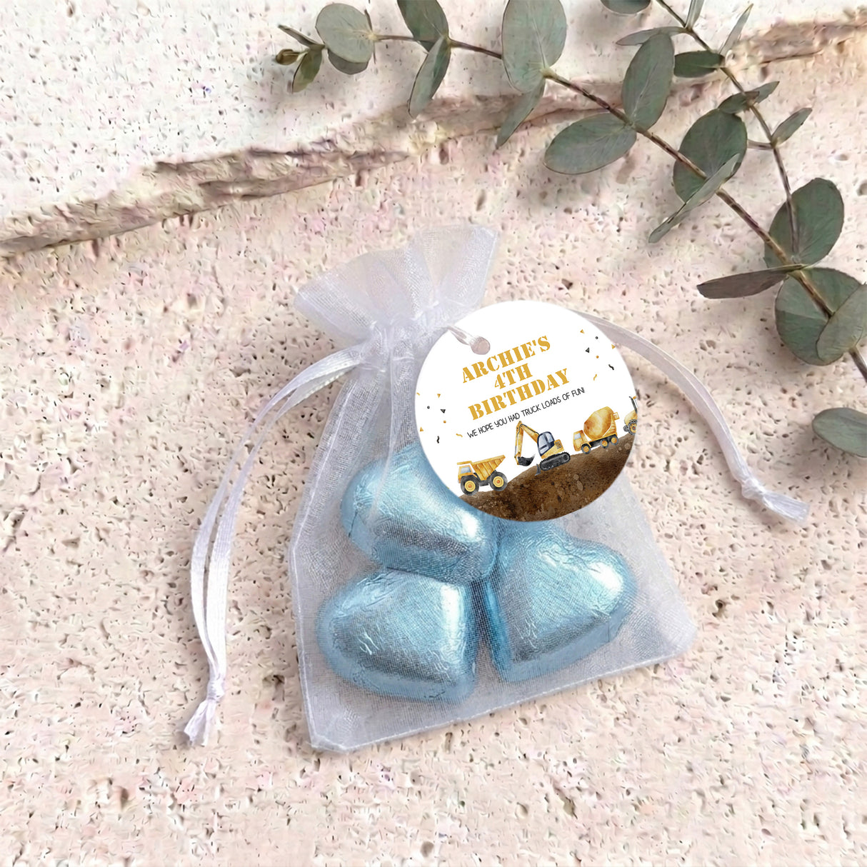 Construction Trucks Personalised Organza Bags with Chocolate Hearts