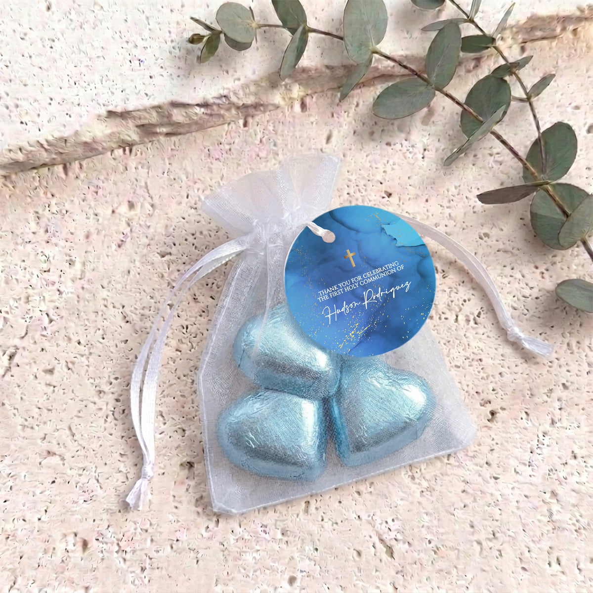 Deep Blue Gold Cross First Holy Communion Personalised Organza Bags with Chocolate Hearts