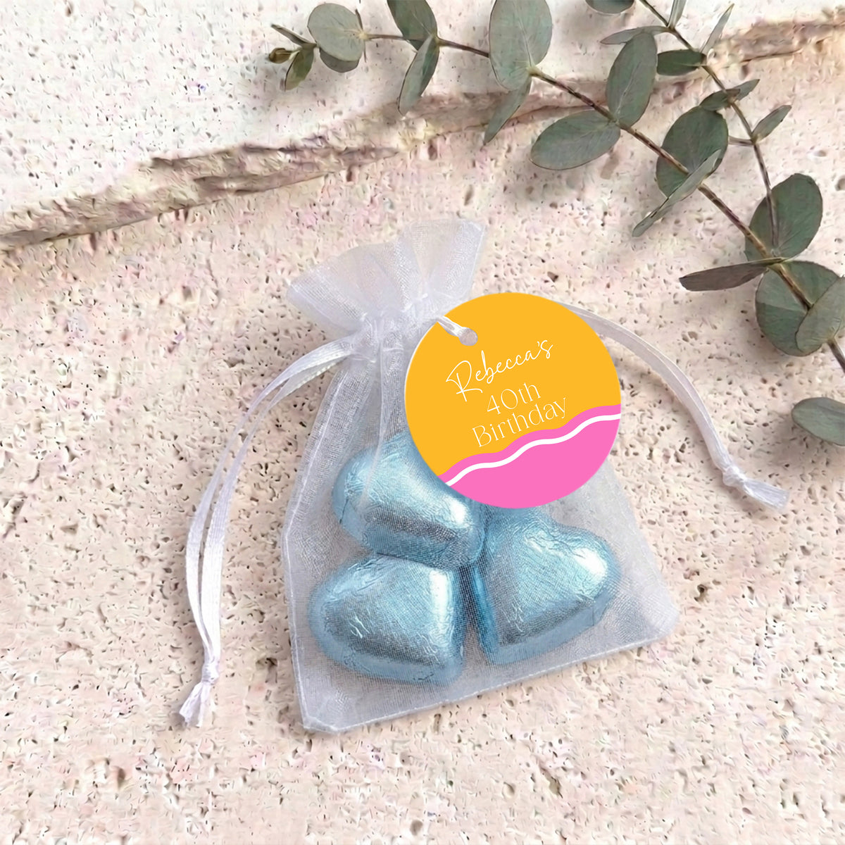 Pink Orange Wavy Birthday Personalised Organza Bags with Chocolate Hearts