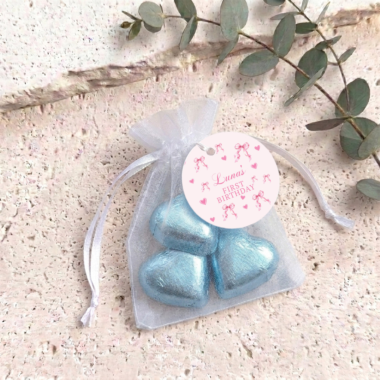 Pink Ribbons Bow First Birthday Personalised Organza Bags with Chocolate Hearts