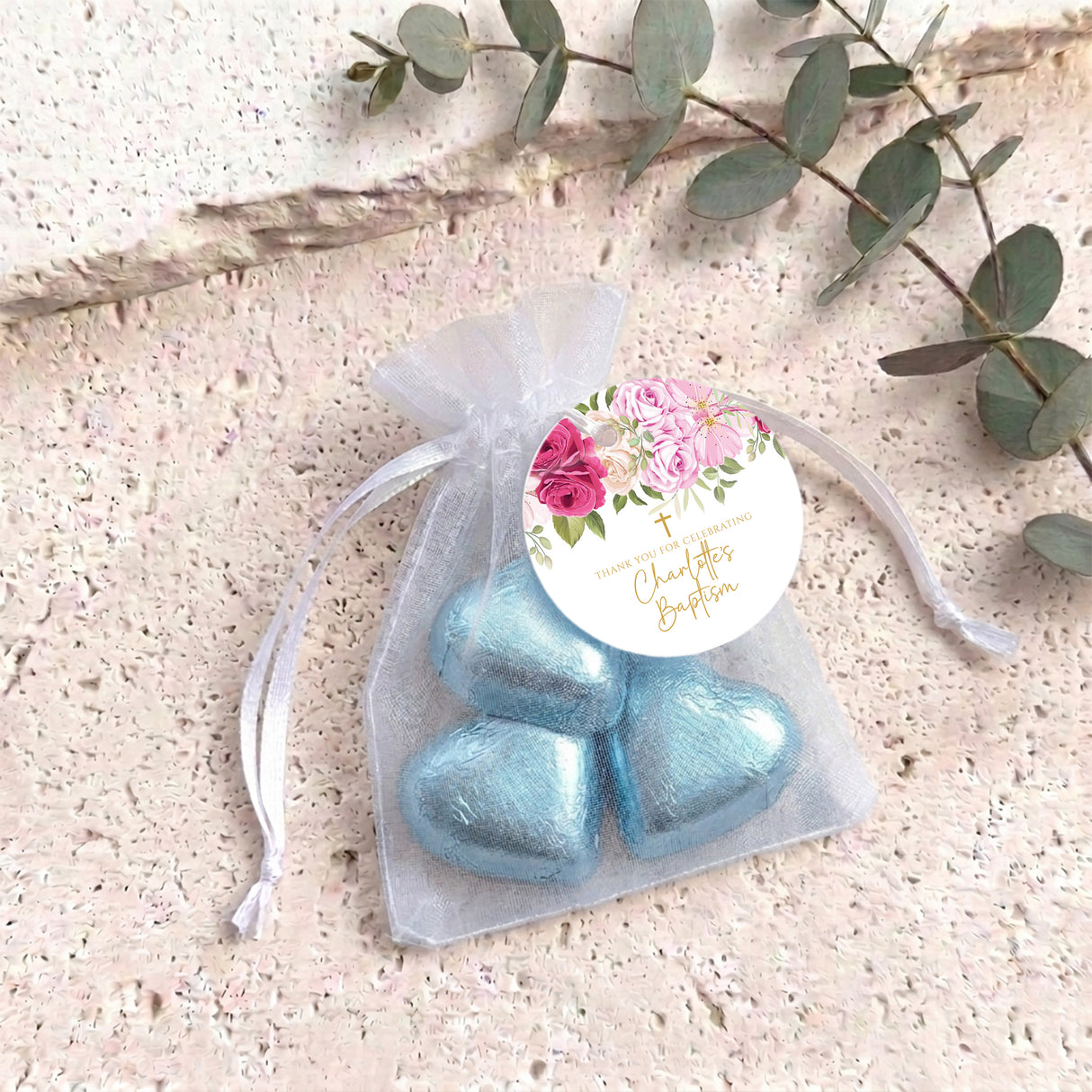 Pink Rose Waterfall Christening Personalised Organza Bags with Chocolate Hearts